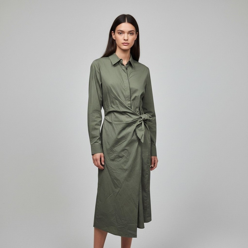 Xirena Olive Green Cotton Poplin Wrap Midi Shirtdress Long Sleeve Size Small